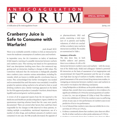 Anticoagulation Forum Newsletter: Cranberry Juice is Safe to Consume with Warfarin!